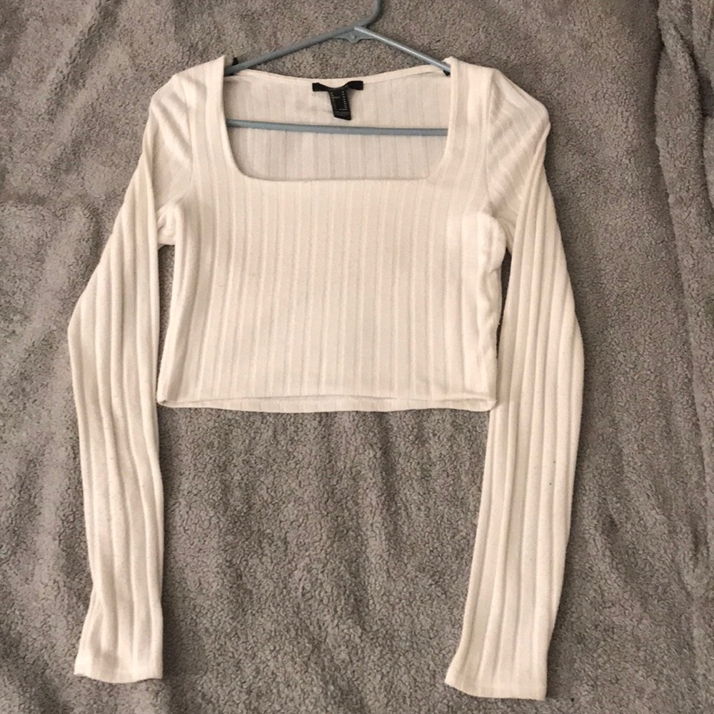 Forever 21 White Long Sleeved Ribbed Crop Top